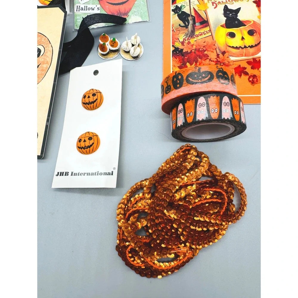 Vintage Halloween Ephemera Craft Lot Orange Black Stickers Tags Washi Tape